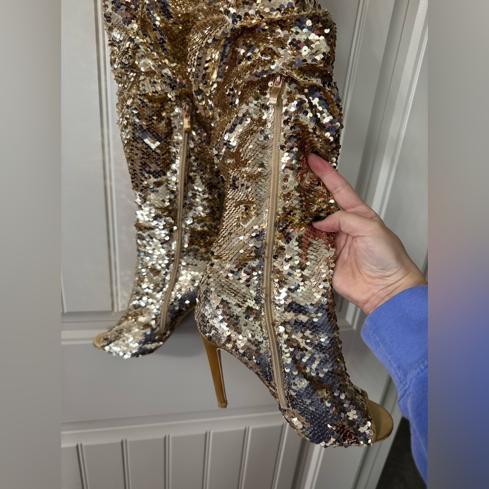 CAMSSOO 🌟 Gold Sequins Over-the-Knee Stiletto Peep-Toe Boots (Women's Size 8.5) - Picture 6 of 16
